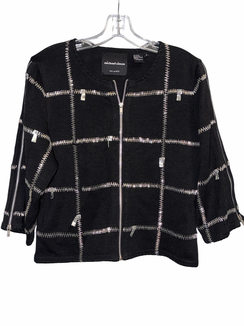 Vintage Michael Simon Black Knit Zip-Front Embellished Blazer